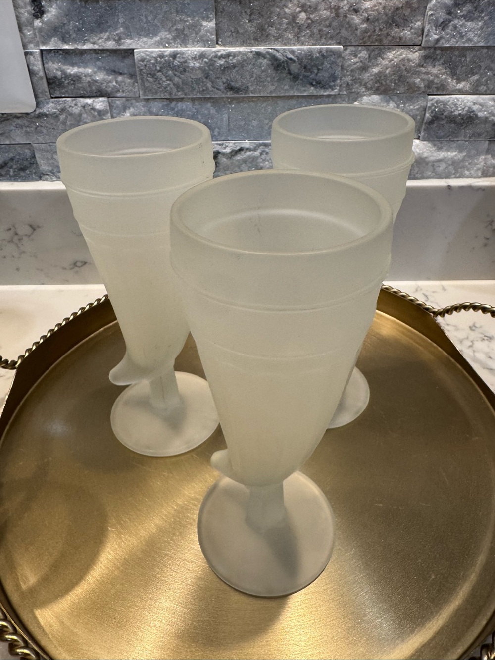 VintageFrosted Glass Goblets - Set of 3 Sculptural Stem 8”